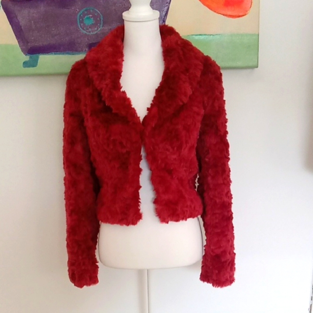 Red Teddy Jacket with Plush Texture and Cropped Style